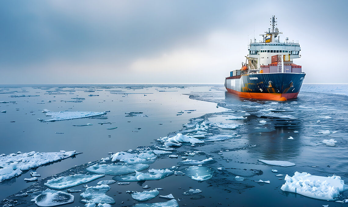 Cargo ship sailing through icy Arctic waters